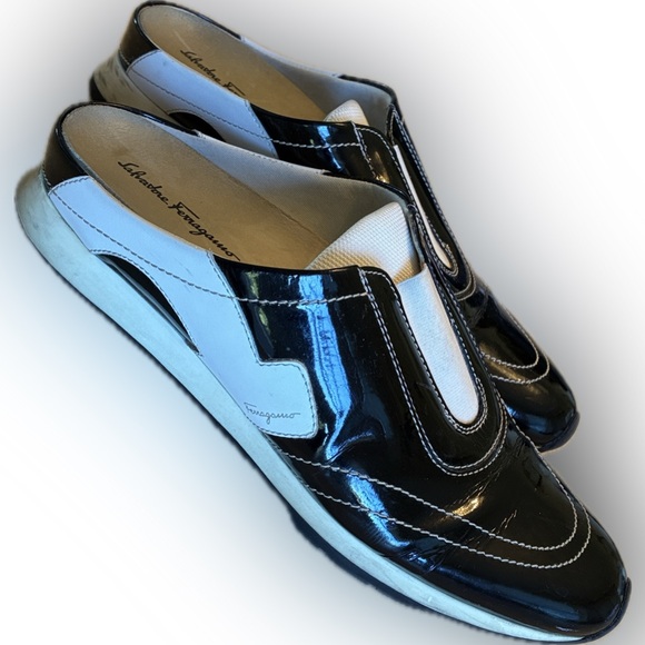 Salvatore Ferragamo Shoes - SALVATORE FERRAGAMO Sneakers Slip-on, Black Patent Leather/White Topstitch 8 EUC